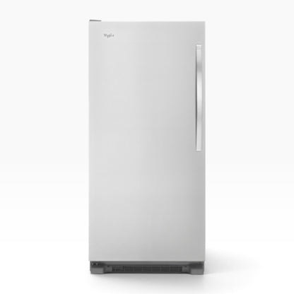 GDM Habitat for Humanity ReStore Whirlpool 18 cu. ft. upright freezer in stainless steel with a vertical handle.