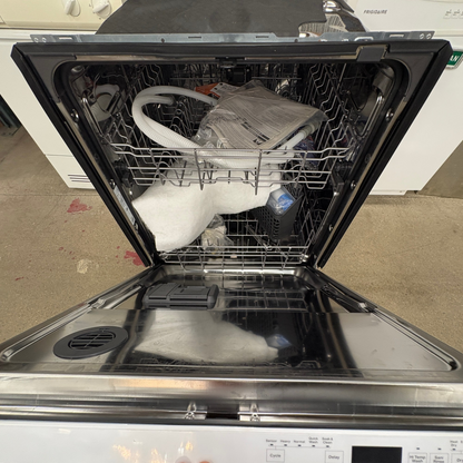 GDM Habitat for Humanity ReStore white Whirlpool built-in dishwasher with open door and stainless steel interior
