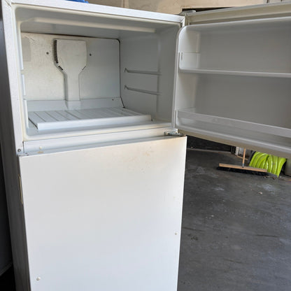 GDM Habitat for Humanity ReStore white Whirlpool top-freezer refrigerator with open freezer door
