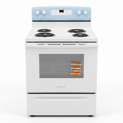 GDM Habitat for Humanity ReStore white Amana electric range with four coil burners and a bottom storage drawer.