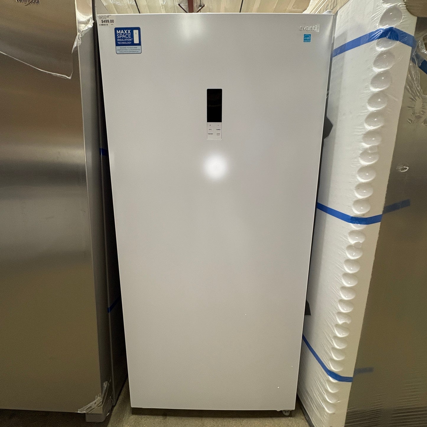 GDM Habitat for Humanity ReStore white Avanti upright freezer with digital display and Maxx Space insulation