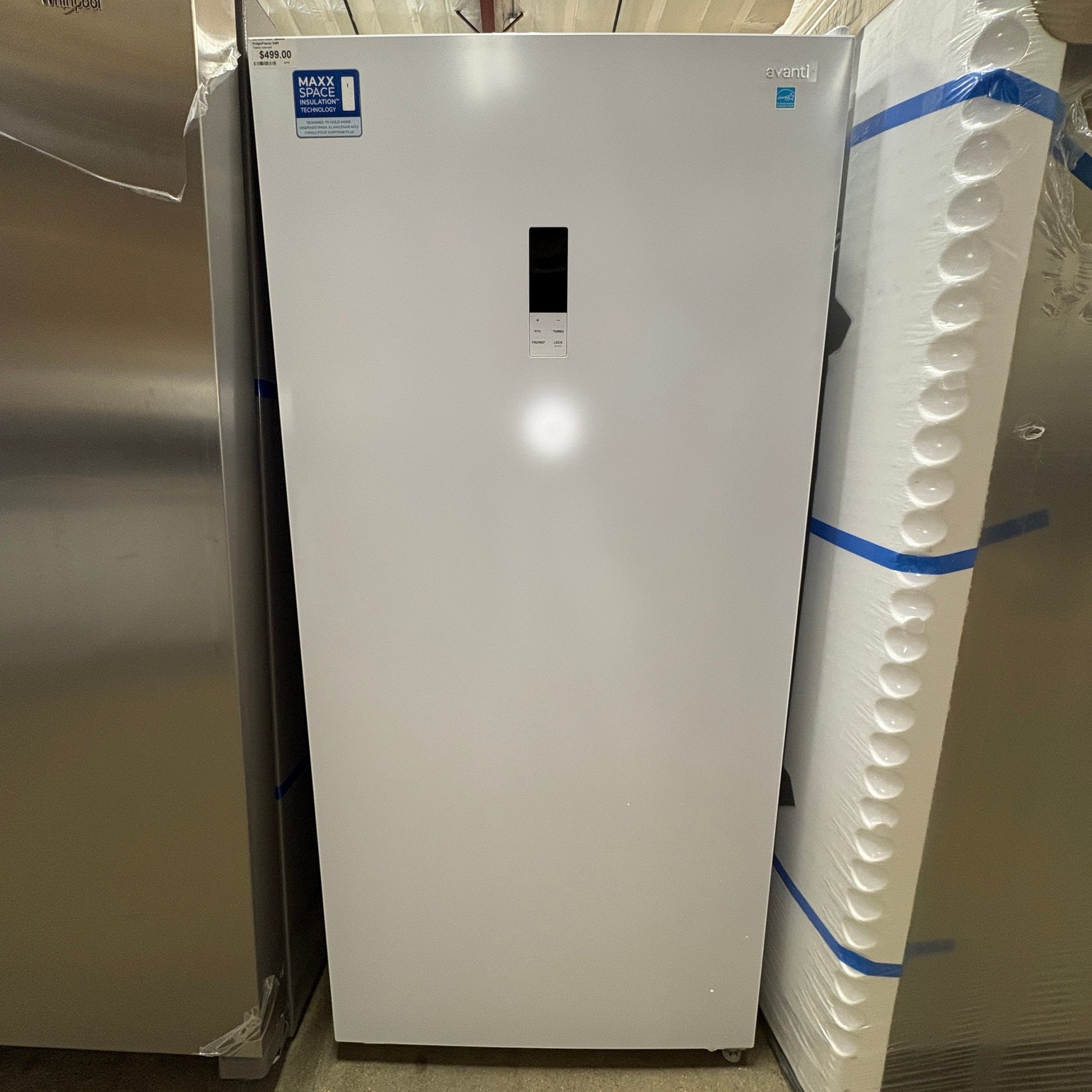 GDM Habitat for Humanity ReStore white Avanti upright freezer with digital display and Maxx Space insulation