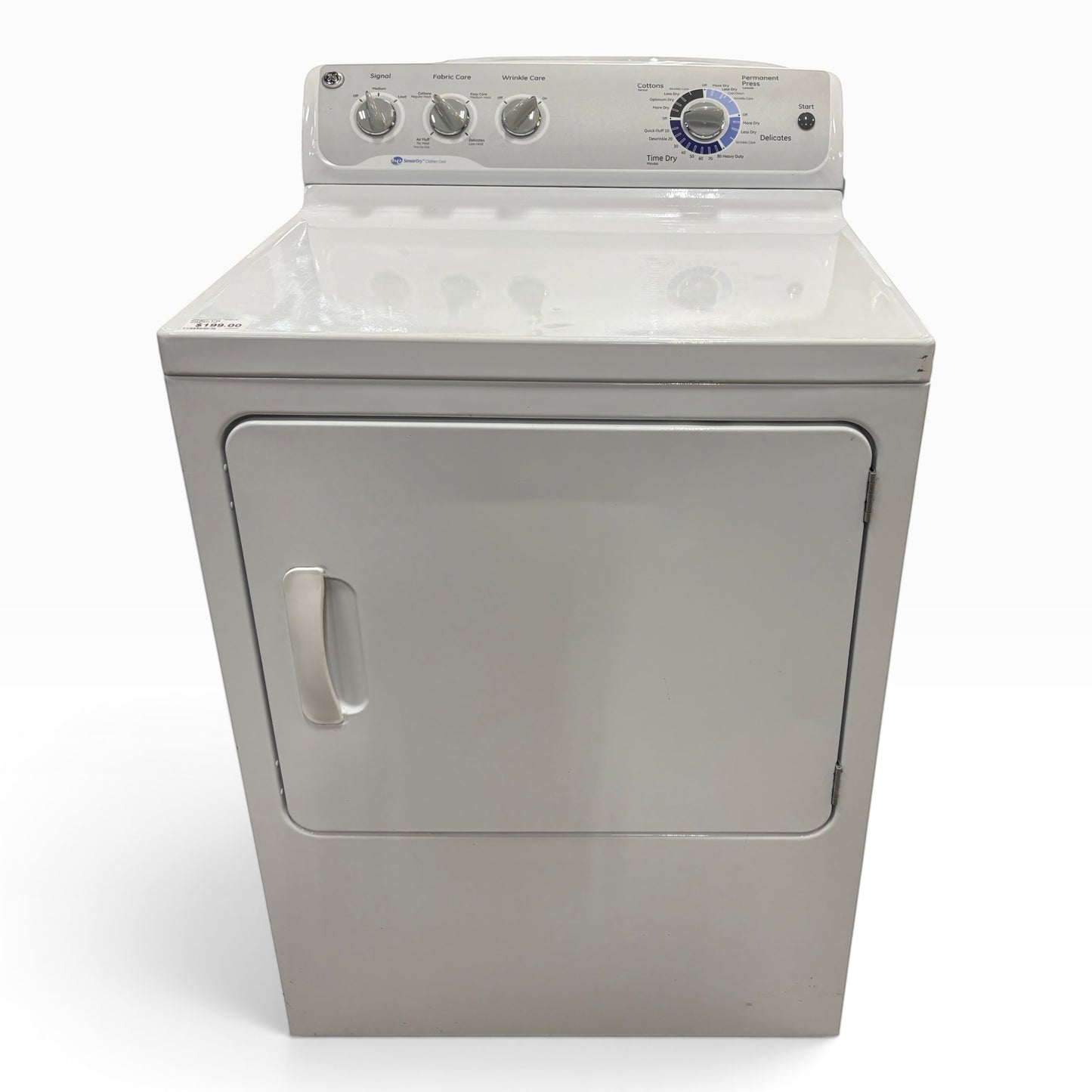GDM Habitat for Humanity ReStore white electric clothes dryer with top-mounted control knobs