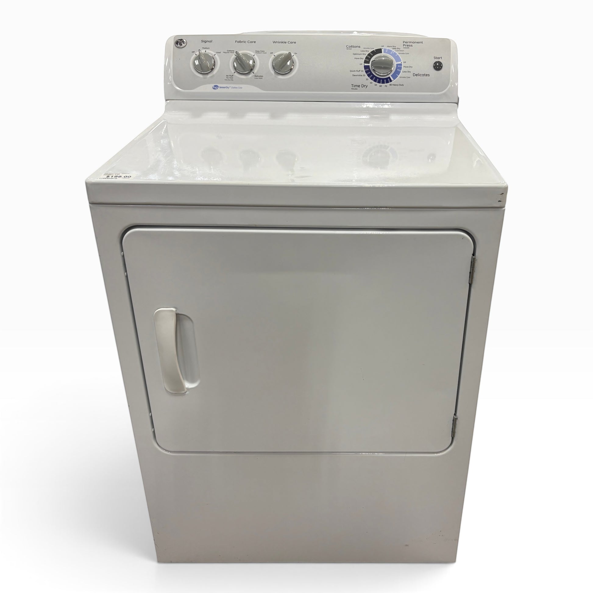 GDM Habitat for Humanity ReStore white electric clothes dryer with top-mounted control knobs