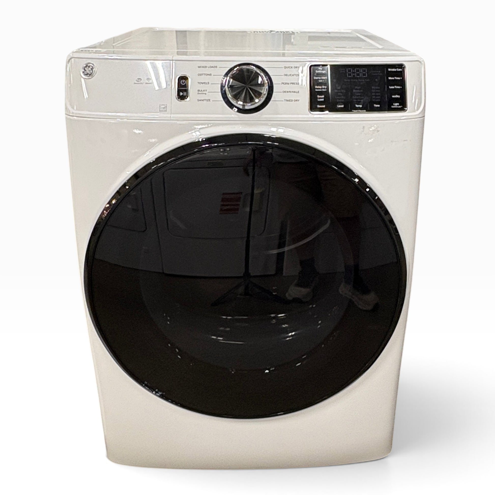 GDM Habitat for Humanity ReStore white front-load electric dryer with a large black circular glass door