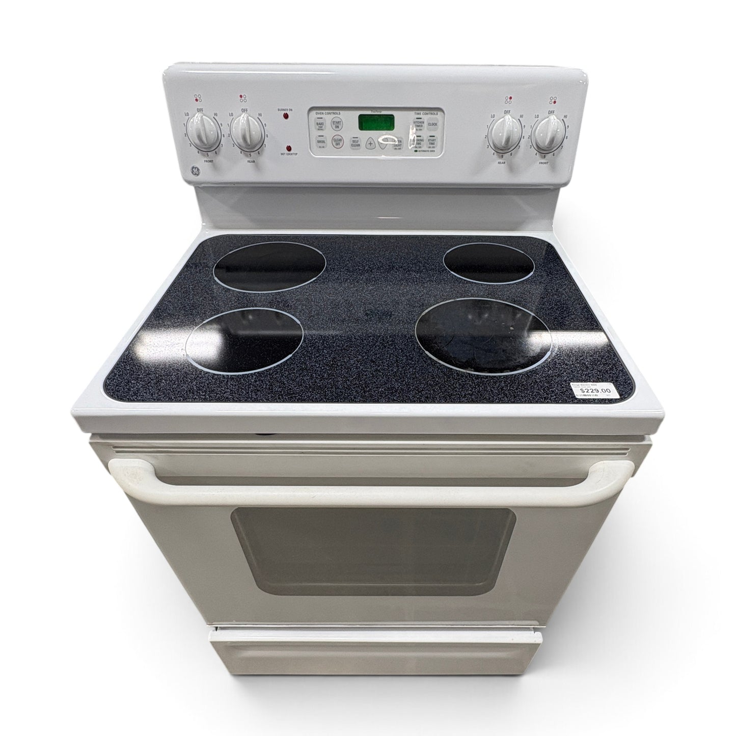 GDM Habitat for Humanity ReStore GE white electric range with a black glass cooktop and digital oven controls.