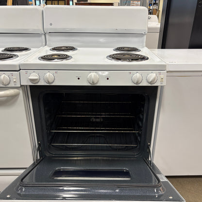 GDM Habitat for Humanity ReStore white electric range with four coil burners and an open oven door