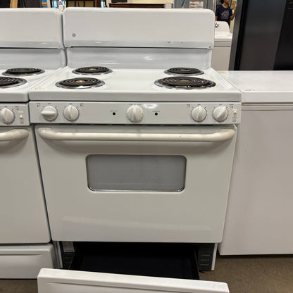 GDM Habitat for Humanity ReStore white GE electric range with four coil burners and a bottom storage drawer