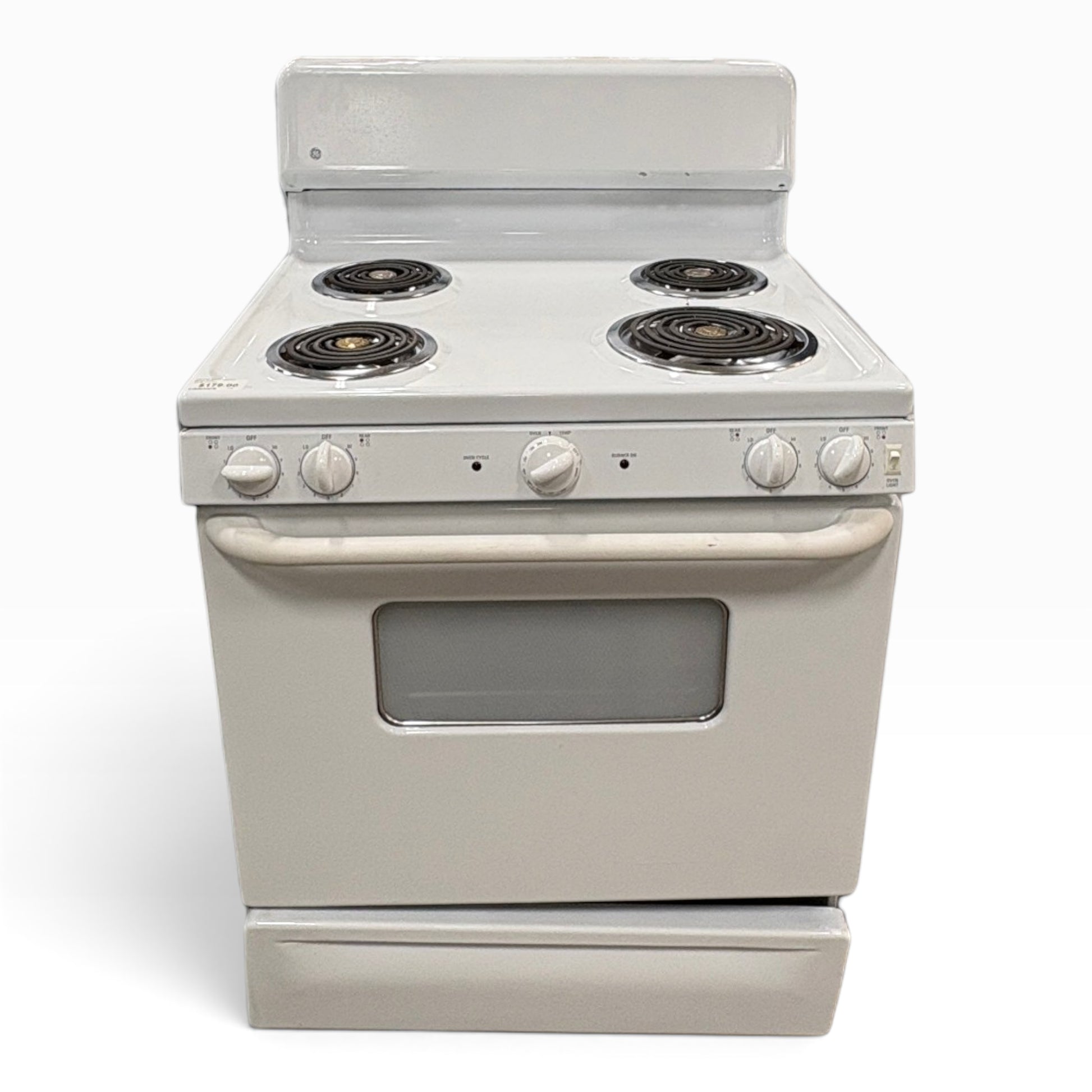 GDM Habitat for Humanity ReStore white electric range stove with four coil burners and a front-facing oven window