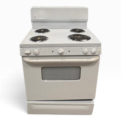 GDM Habitat for Humanity ReStore white electric range stove with four coil burners and a front-facing oven window