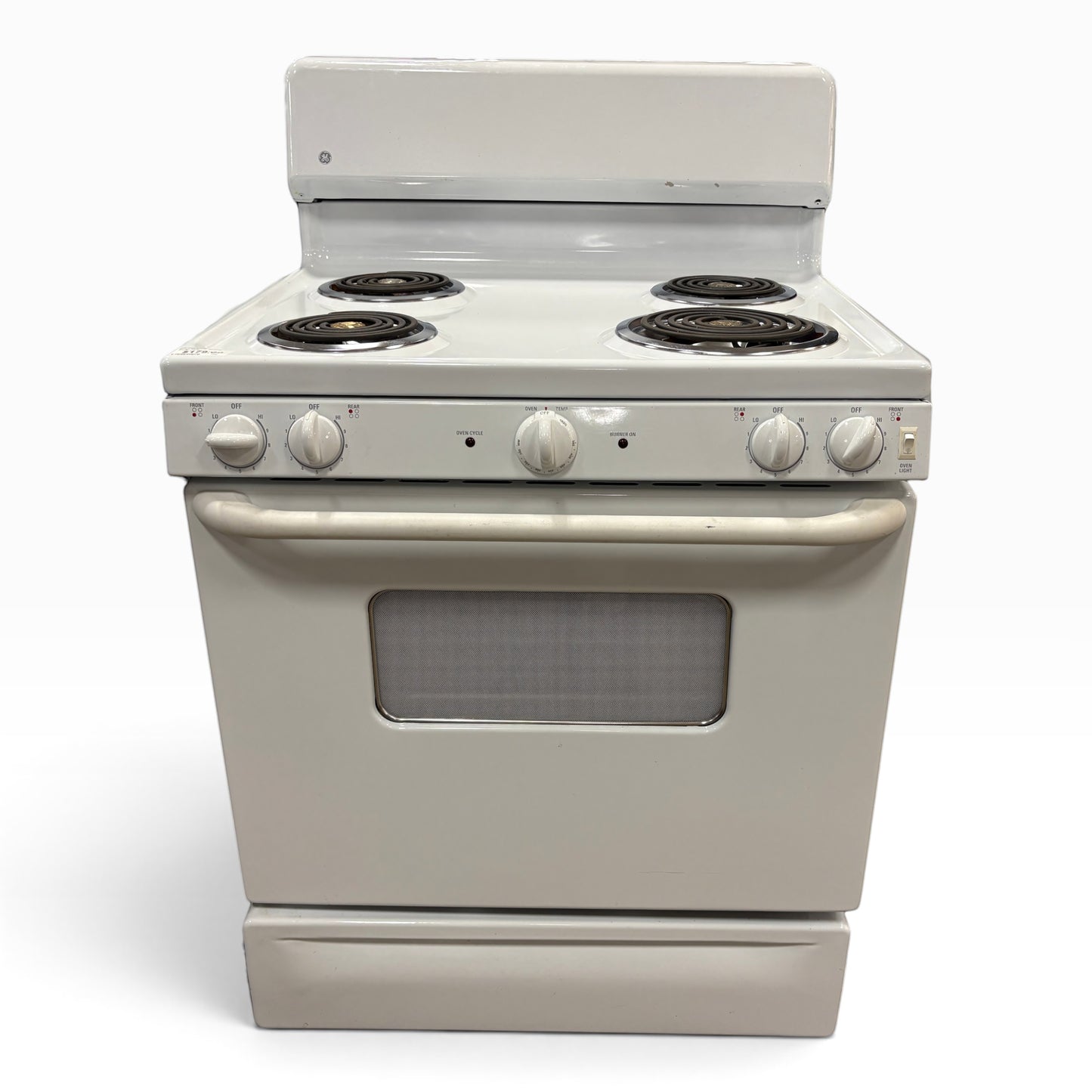 GDM Habitat for Humanity ReStore white electric range stove with four coil burners and a front-facing oven window
