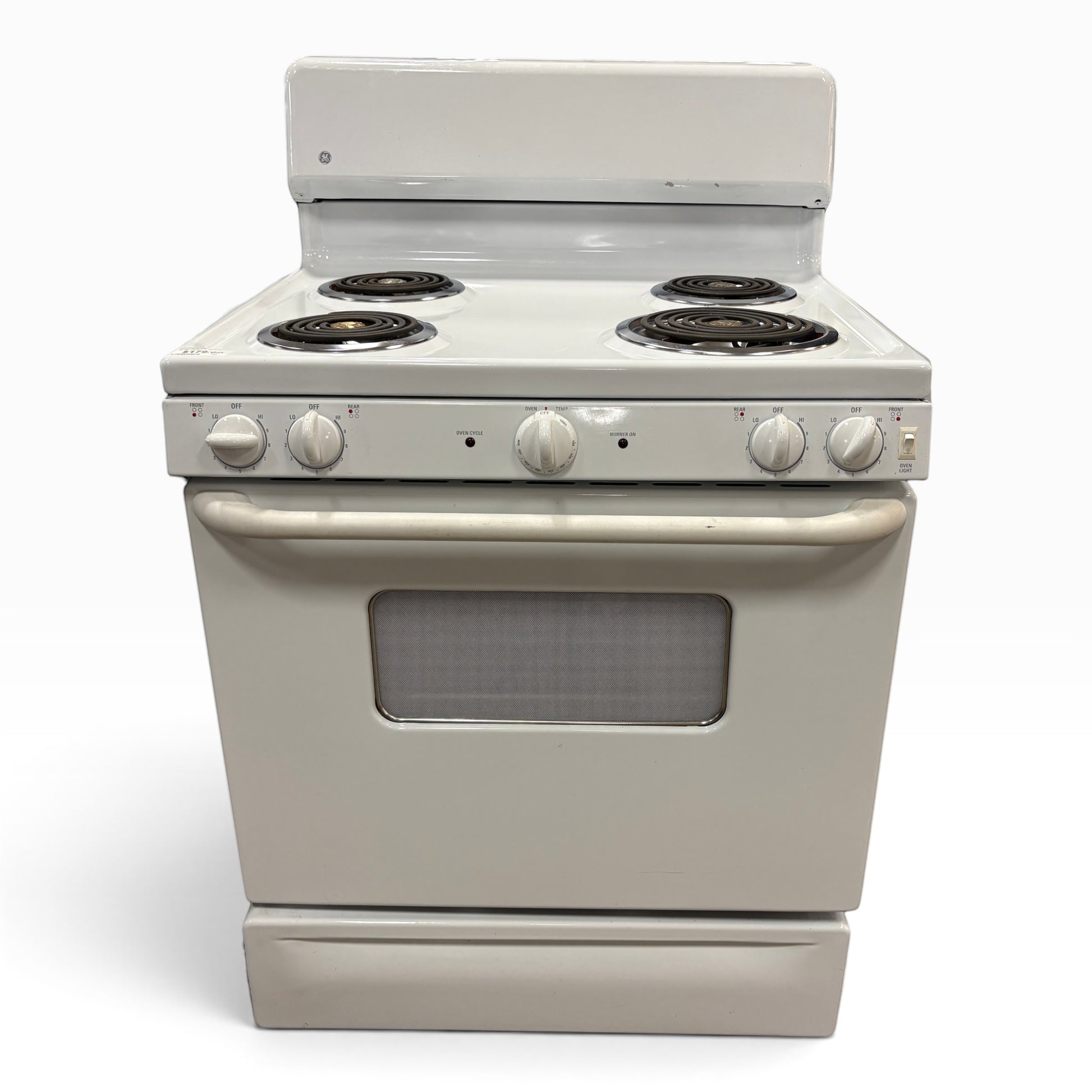 GDM Habitat for Humanity ReStore white electric range stove with four coil burners and a front-facing oven window