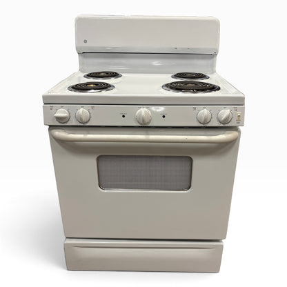 GDM Habitat for Humanity ReStore white electric range stove with four coil burners and a front-facing oven window