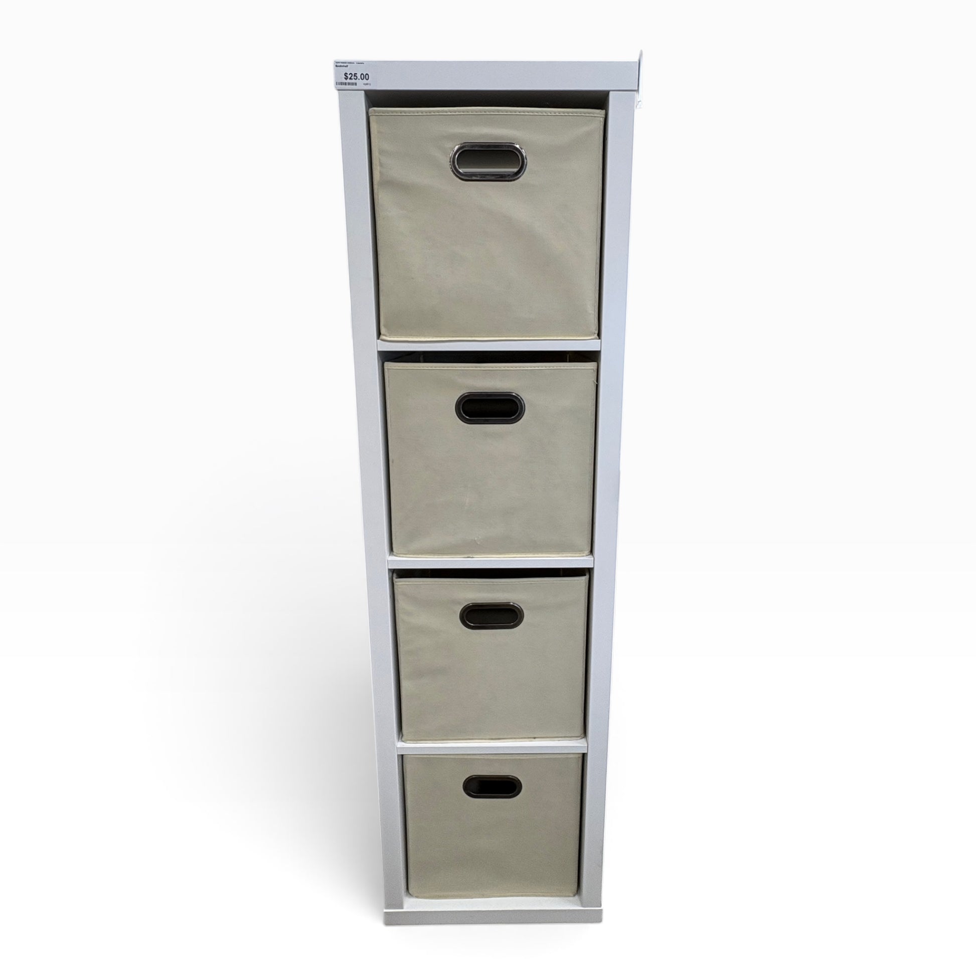 GDM Habitat for Humanity ReStore white four-tier shelving unit with beige fabric storage bins and metal handles