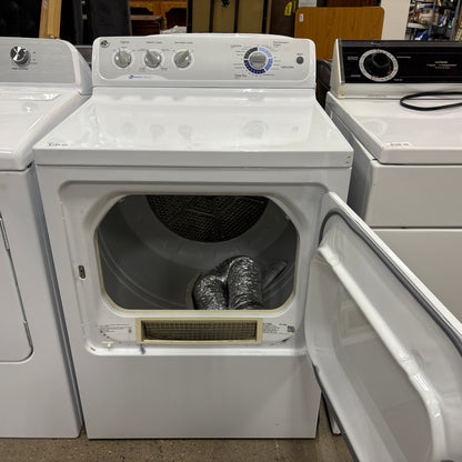 GDM Habitat for Humanity ReStore white GE electric clothes dryer with open door and internal vent hose