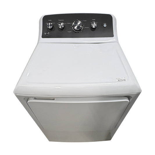 GDM Habitat for Humanity ReStore white GE electric dryer with a black control panel and chrome knobs