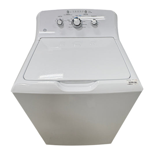 GDM Habitat for Humanity ReStore white GE top-load washing machine with a simple dial control panel.