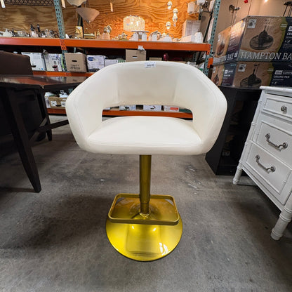 GDM Habitat for Humanity ReStore modern adjustable swivel bar stool with white upholstered seat and polished gold base