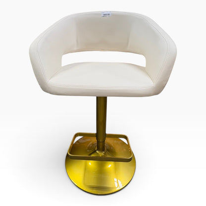 GDM Habitat for Humanity ReStore modern swivel bar stool with white upholstered seat and polished gold pedestal base.