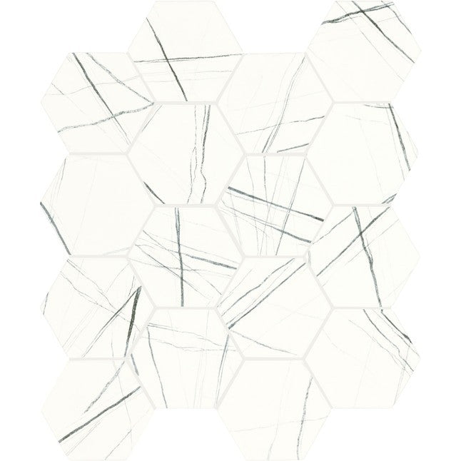 GDM Habitat for Humanity ReStore Union View Lightning white hexagonal mosaic tile with grey veining
