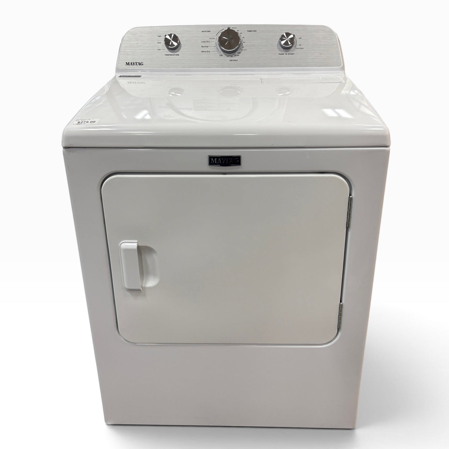 GDM Habitat for Humanity ReStore white Maytag front load dryer with top console control knobs and large door