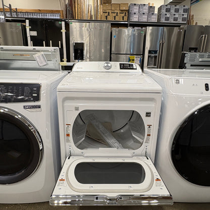 GDM Habitat for Humanity ReStore white Maytag electric dryer with front door open in a retail appliance showroom