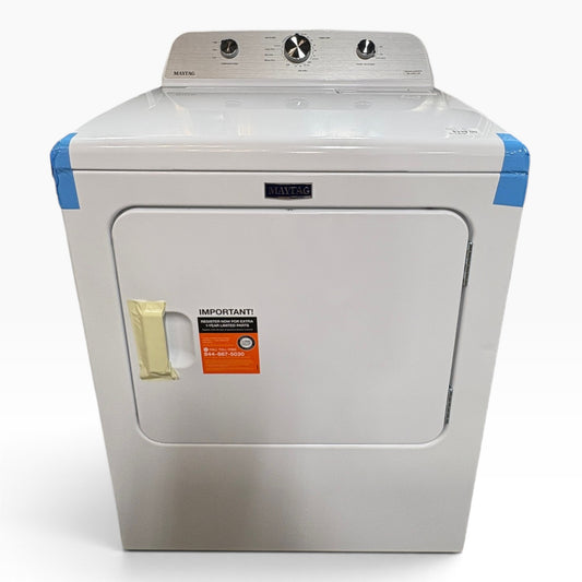 GDM Habitat for Humanity ReStore white Maytag electric dryer with brushed-silver console and protective blue tape