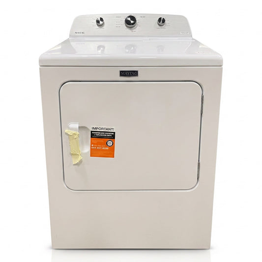GDM Habitat for Humanity ReStore white Maytag electric dryer with dial controls and protective shipping tape