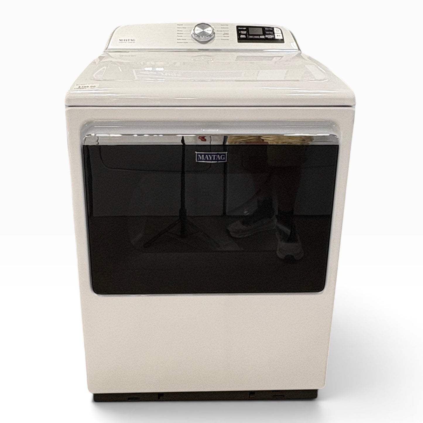 GDM Habitat for Humanity ReStore white Maytag top-load washing machine with a black glass door and digital controls.