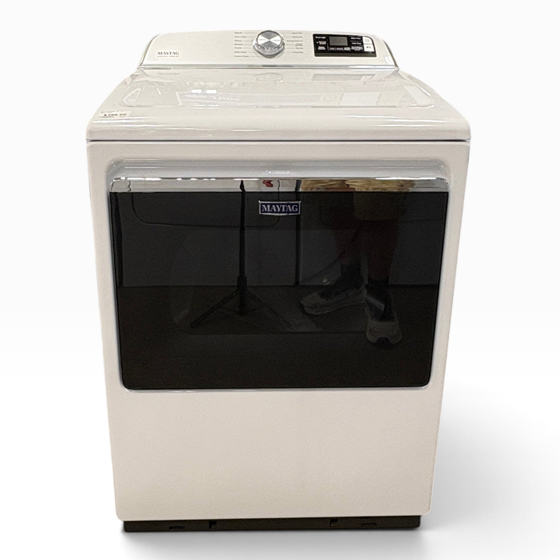 GDM Habitat for Humanity ReStore white Maytag top-load washing machine with a black glass door and digital controls.