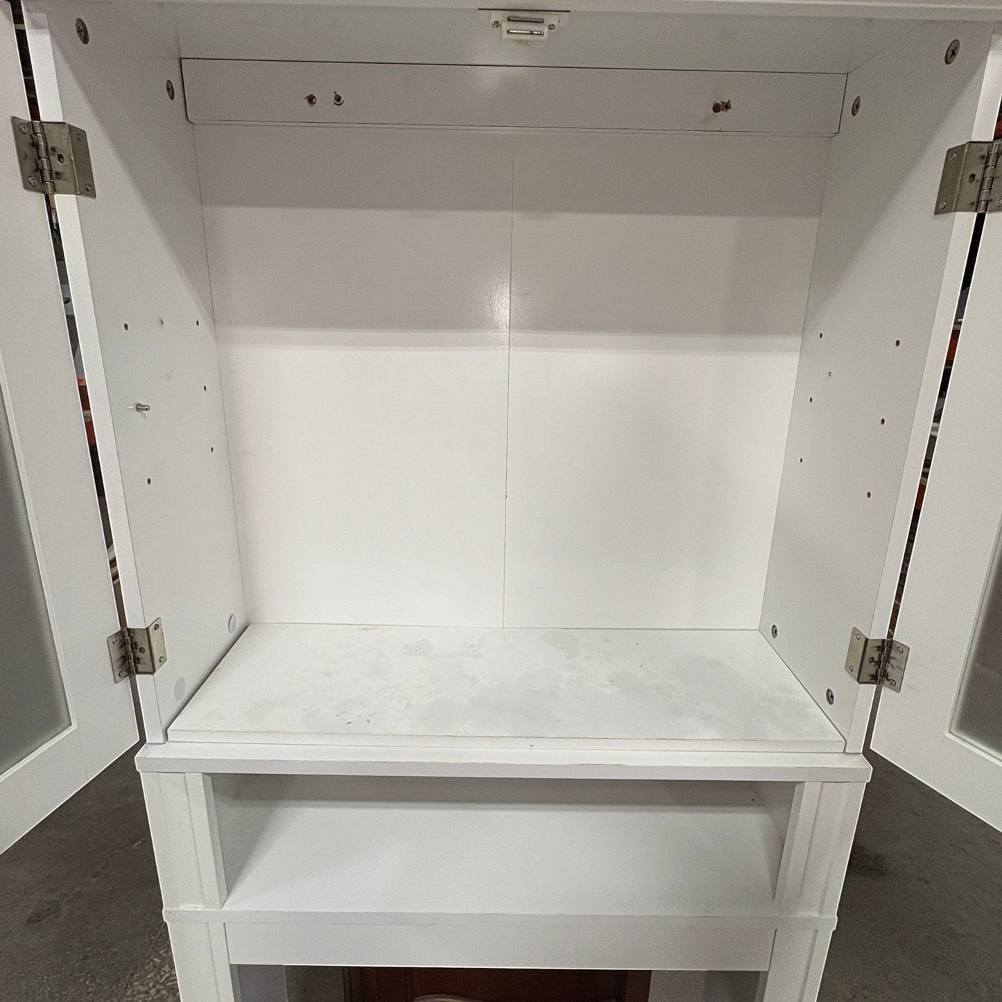GDM Habitat for Humanity ReStore white over-toilet cabinet with open storage shelves and hinged door frames