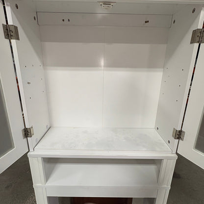 GDM Habitat for Humanity ReStore white over-toilet cabinet with open storage shelves and hinged door frames