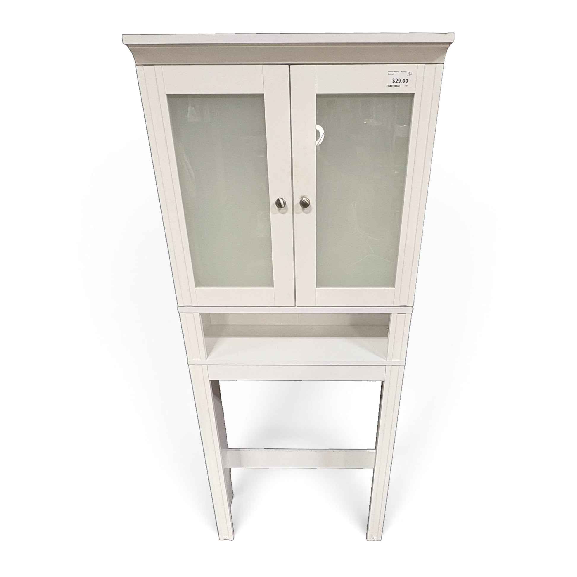 GDM Habitat for Humanity ReStore white over-toilet cabinet with two frosted glass doors and an open storage shelf.