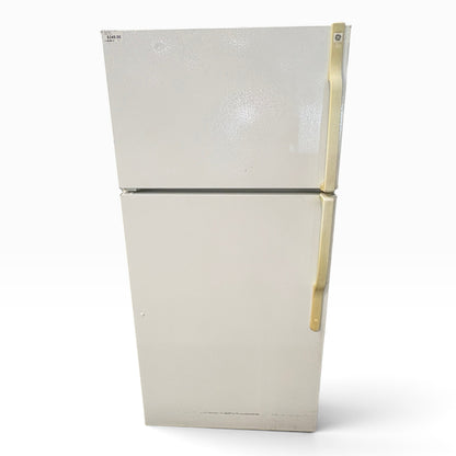 GDM Habitat for Humanity ReStore white top-freezer refrigerator with yellowed handles on a white background