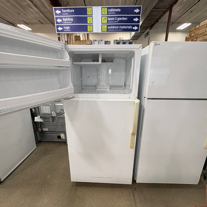 GDM Habitat for Humanity ReStore white top-freezer refrigerator with open door in a retail showroom