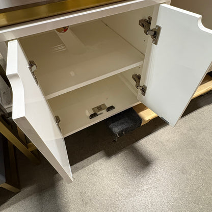 GDM Habitat for Humanity ReStore white bathroom vanity cabinet with open doors and internal storage shelf