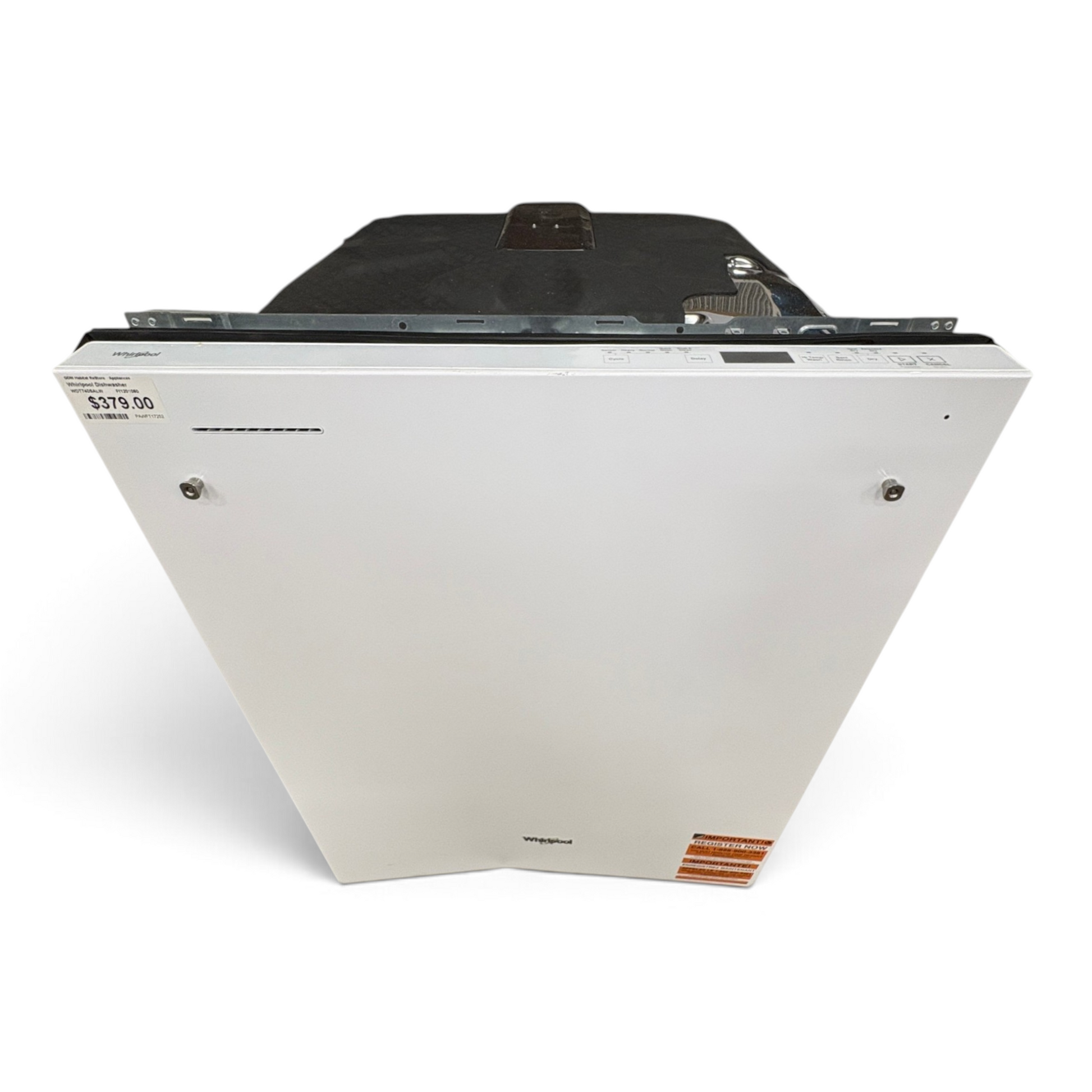 GDM Habitat for Humanity ReStore white Whirlpool built-in dishwasher with top-mounted control panel
