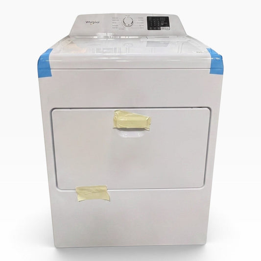 GDM Habitat for Humanity ReStore white Whirlpool electric dryer with protective blue tape and manual inside drum