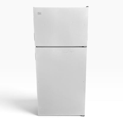 GDM Habitat for Humanity ReStore white Whirlpool top-freezer refrigerator with light exterior scuffs