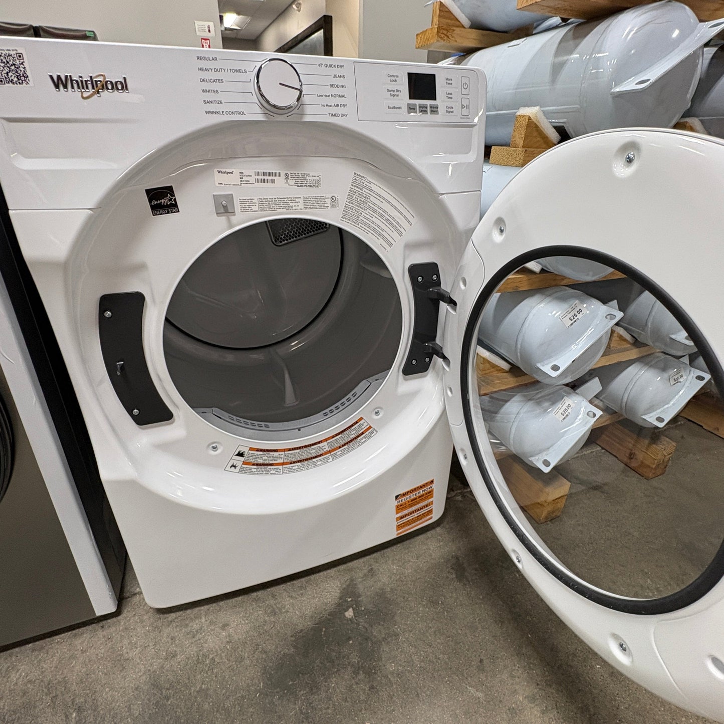 GDM Habitat for Humanity ReStore white Whirlpool gas dryer with open door and front control panel