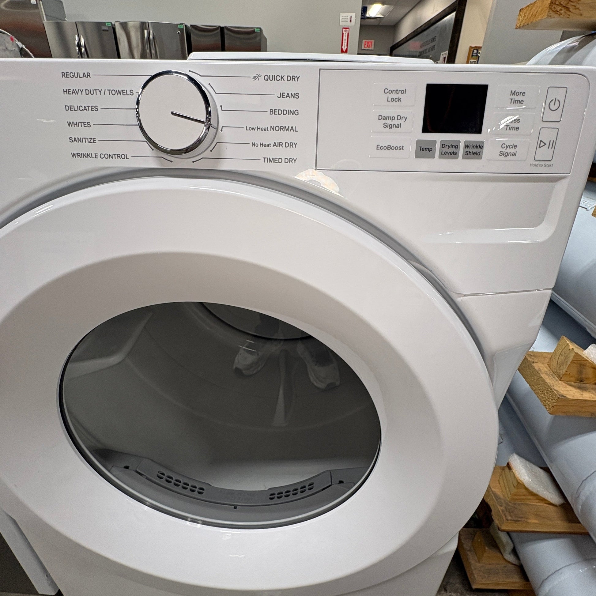 GDM Habitat for Humanity ReStore white Whirlpool gas dryer with front-loading glass door and digital control panel