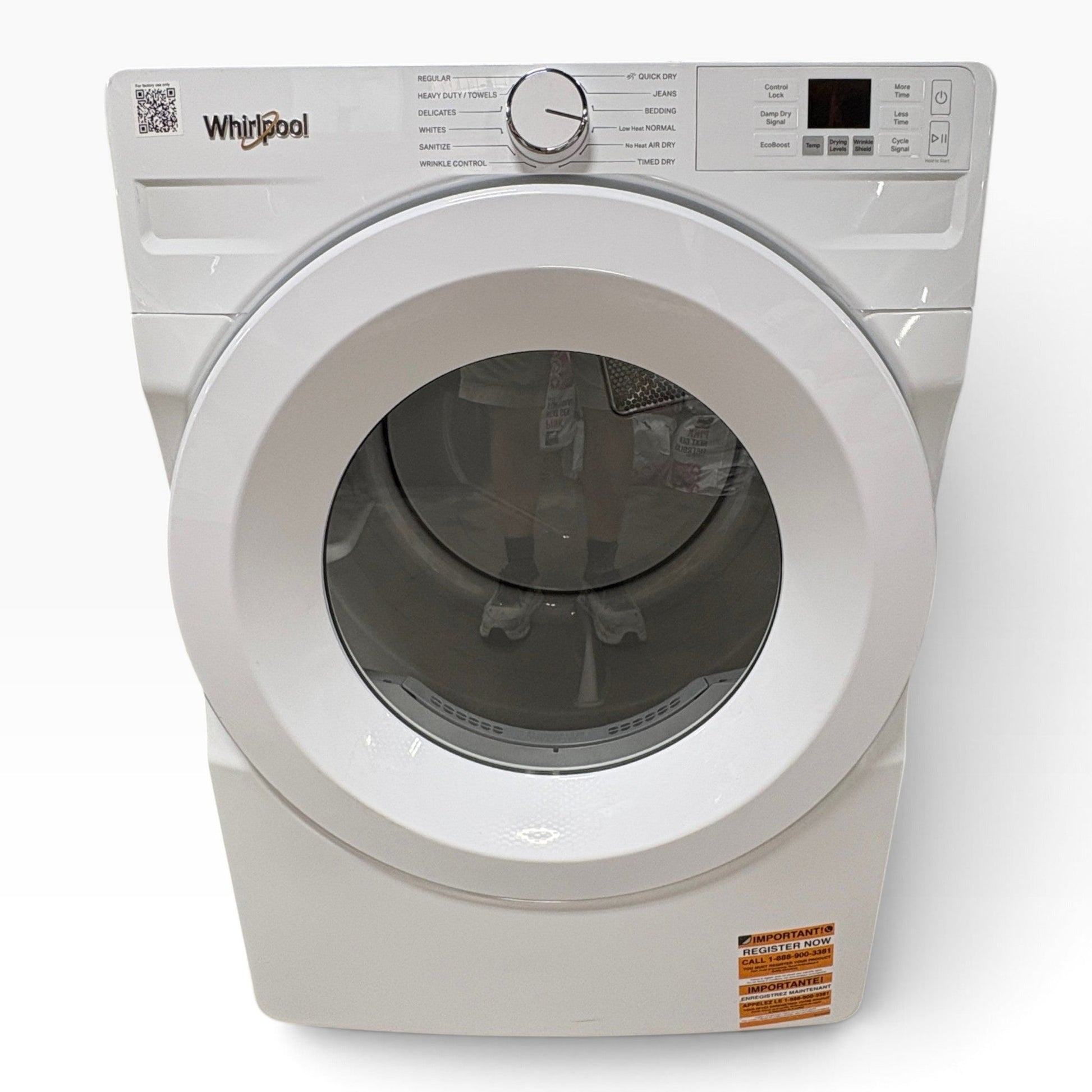 GDM Habitat for Humanity ReStore white Whirlpool gas dryer with front-loading glass door and digital control panel