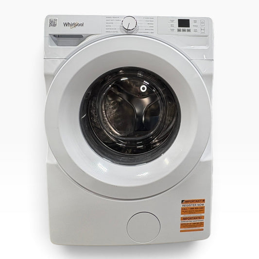 GDM Habitat for Humanity ReStore white Whirlpool front load washer with digital display and cycle selection dial