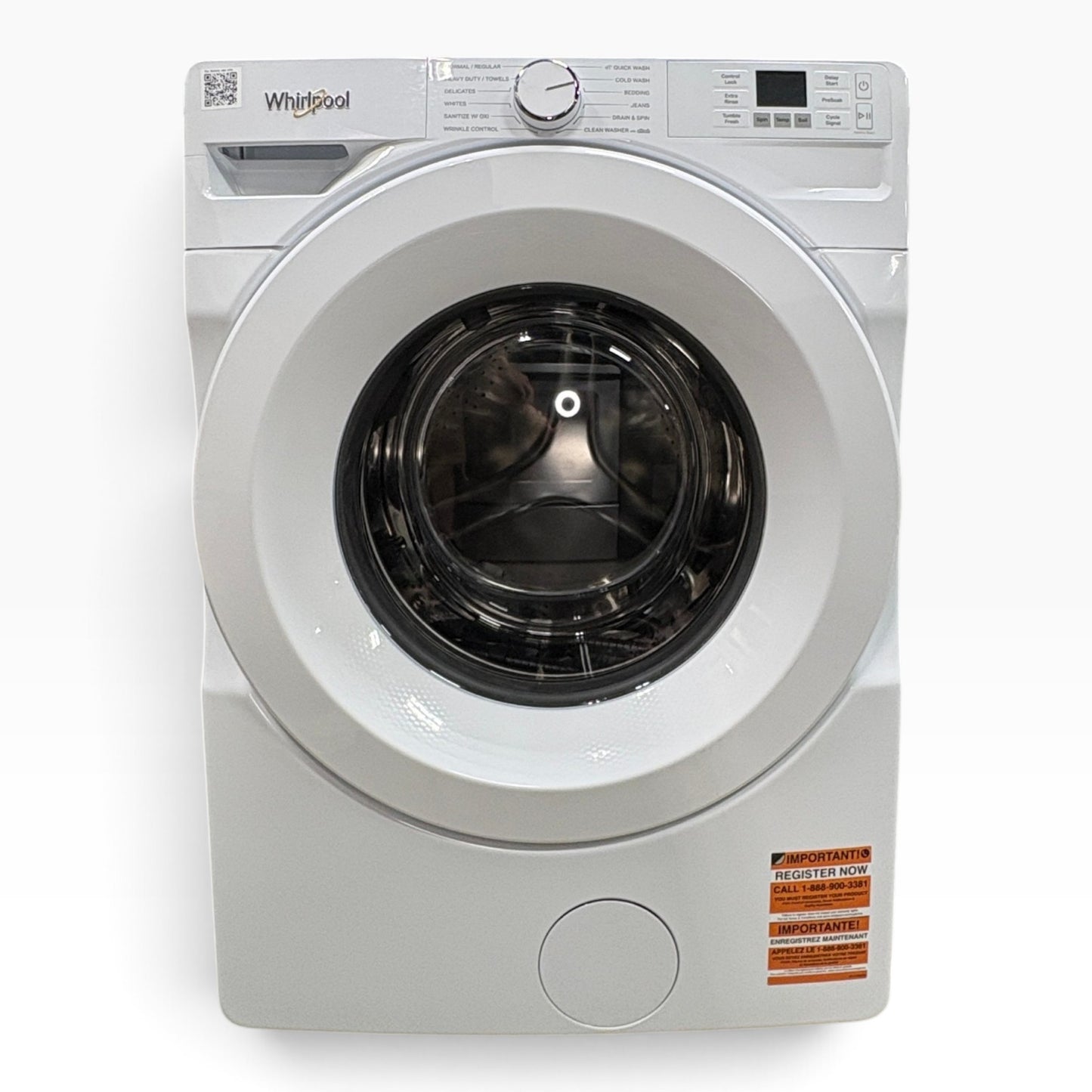 GDM Habitat for Humanity ReStore white Whirlpool front-load washing machine with digital display and cycle settings