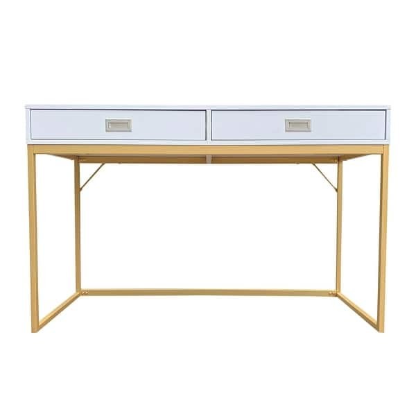 GDM Habitat for Humanity ReStore Willow Desk 30 inch with a white top, two drawers, and a gold metal frame.
