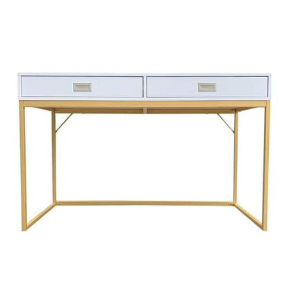 GDM Habitat for Humanity ReStore Willow Desk 30 inch with a white top, two drawers, and a gold metal frame.