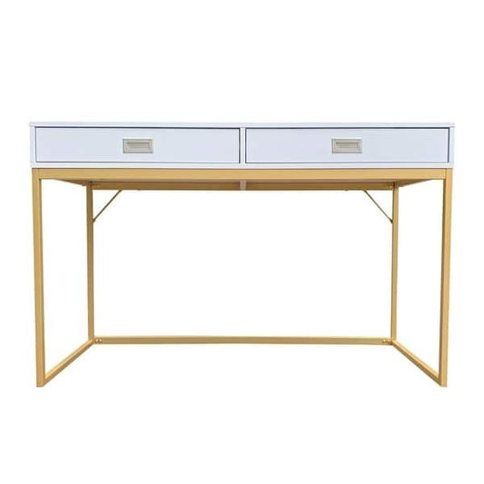 GDM Habitat for Humanity ReStore Willow Desk 30 inch with a white top, two drawers, and a gold metal frame.