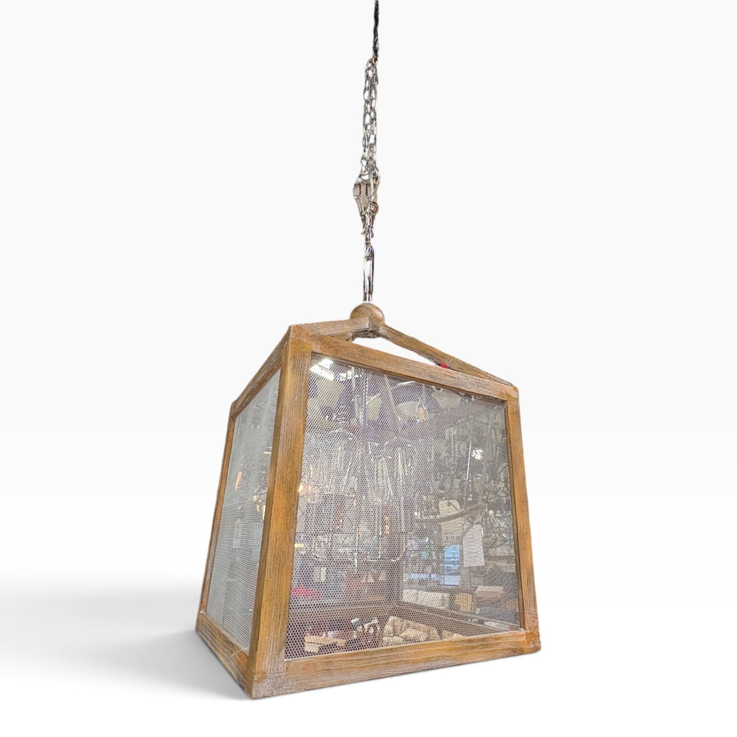 GDM Habitat for Humanity ReStore wood and metal mesh box pendant light fixture with a rustic hanging chain
