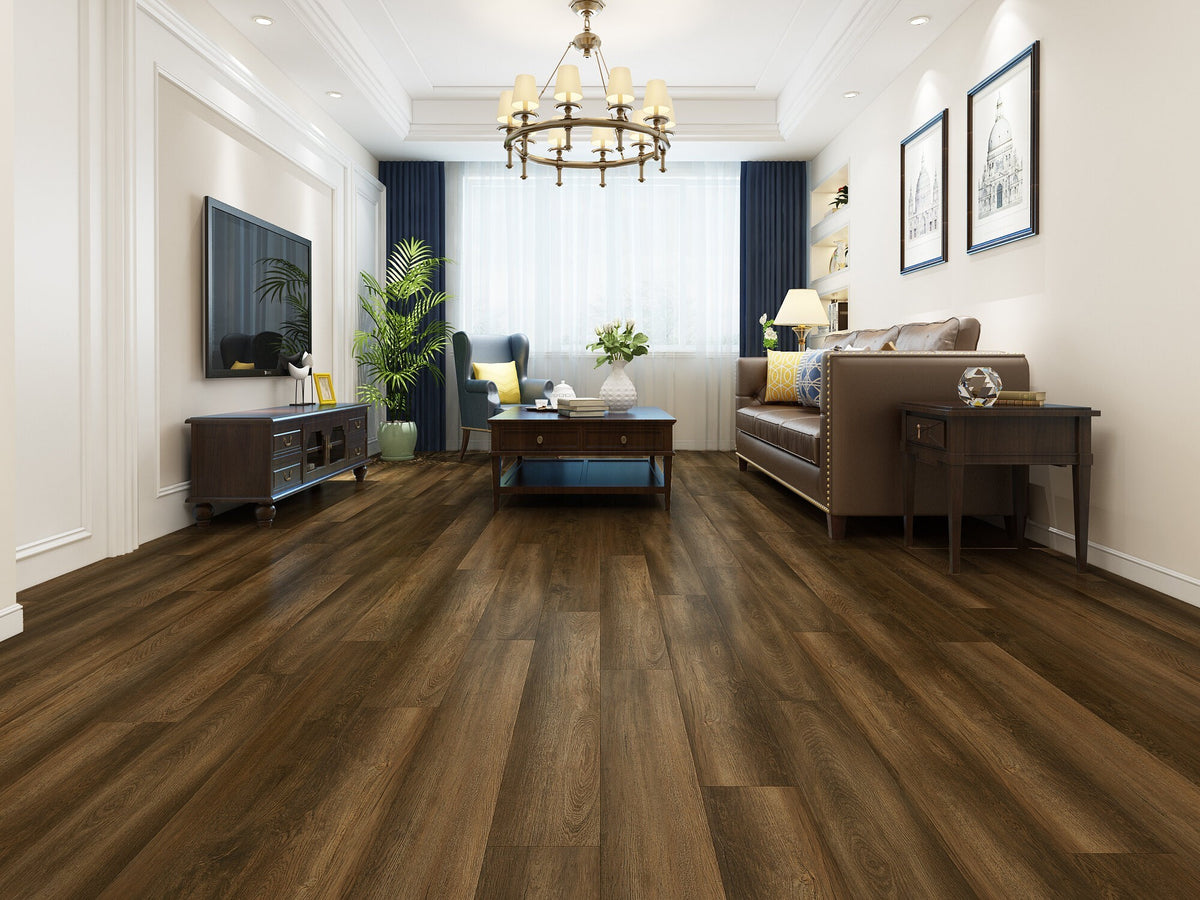 GDM Habitat for Humanity ReStore York Vinyl Plank flooring in a dark wood grain finish installed in a living room.